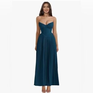Strapless Bridesmaid Dress Long A-Line Pleated Satin Prom Formal Wedding Guest